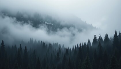 Misty Mountain Forest Landscape, Enigmatic Coniferous Trees in Fog, Atmospheric Scenery, Dark Evergreen Woods
