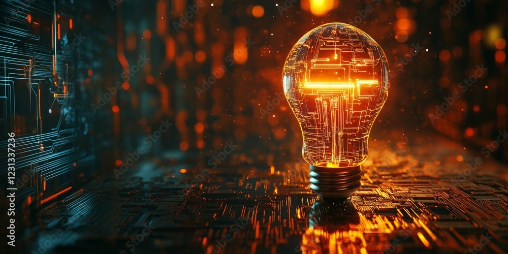 Poster a glowing light bulb is surrounded by a circuit board. the light bulb is lit up and the circuit boar