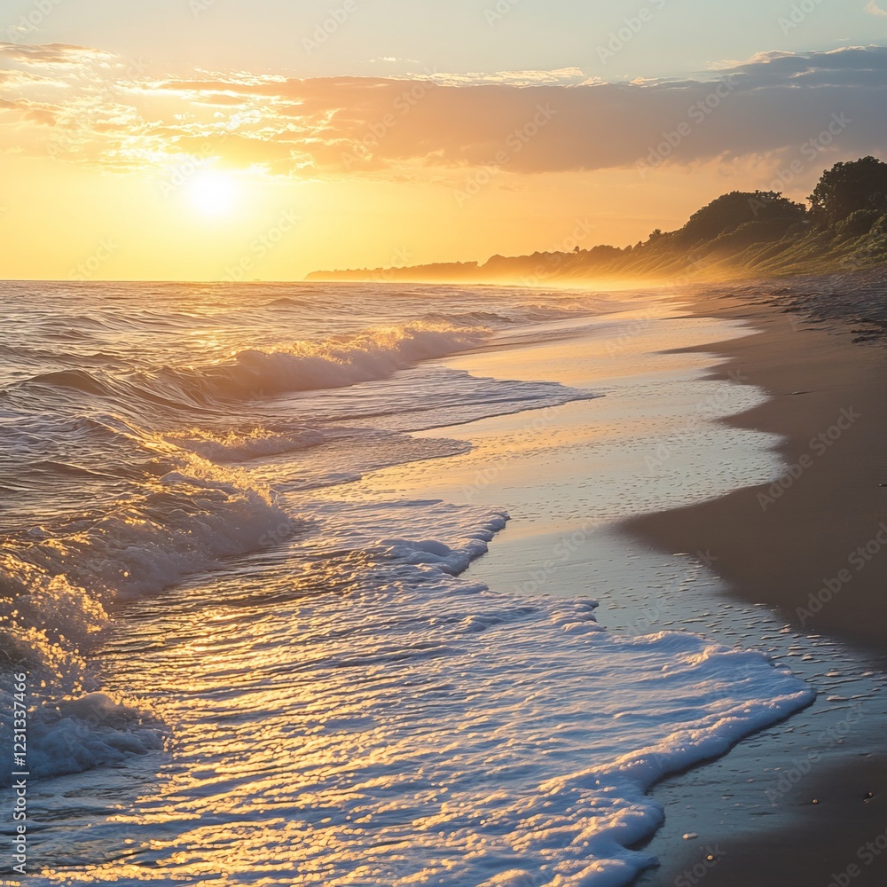 Poster captivating sunset scene with waves gently lapping the shore, creating a tranquil and picturesque be