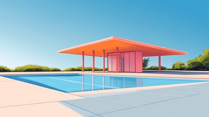 Fototapeta premium Pink Pavilion Poolside View, Sunny Day, Artistic Style, Design, Relaxation