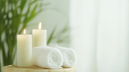 Relaxing spa setup featuring white candles and rolled towels, creating serene atmosphere. Perfect for wellness and self care moments
