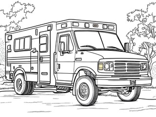 Professional Ambulance Truck in Line Drawing for Kids Coloring