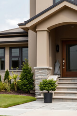 Obraz premium Modern House Exterior: Contemporary Home Design and Architecture. Luxury Real Estate Property with Stone Facade and Landscaped Garden. Stunning Entrance and Pathway.