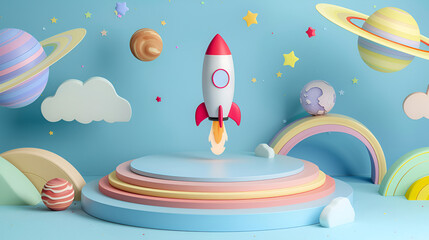 cartoon style minimal spaceship rocket icon Toy rocket upswing,Rocket on pastel background with copyspace for your design,Products display podium with nature creative background,A glossy blue podium