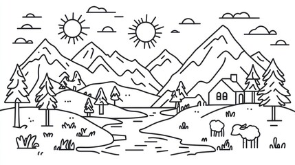 Fototapeta premium Mountain valley landscape, house, sheep, river, sun, clouds; nature illustration