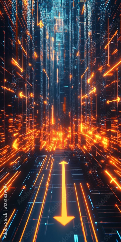 Poster futuristic digital pathway illuminated with neon lights and abstract technology elements