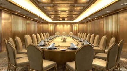 Luxurious hotel conference room, gold decor, meeting table, event