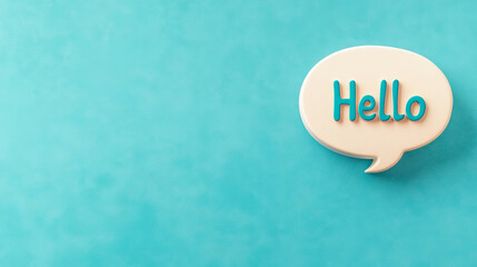 Illustration of a speech bubble containing the word hello on a teal background. This visual represents themes of greeting, communication, and friendship with ample copy space for customization.