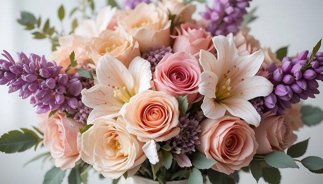 Close-up of a stunning bouquet of pastel roses, lilies, and purple blossoms, a perfect romantic floral arrangement.