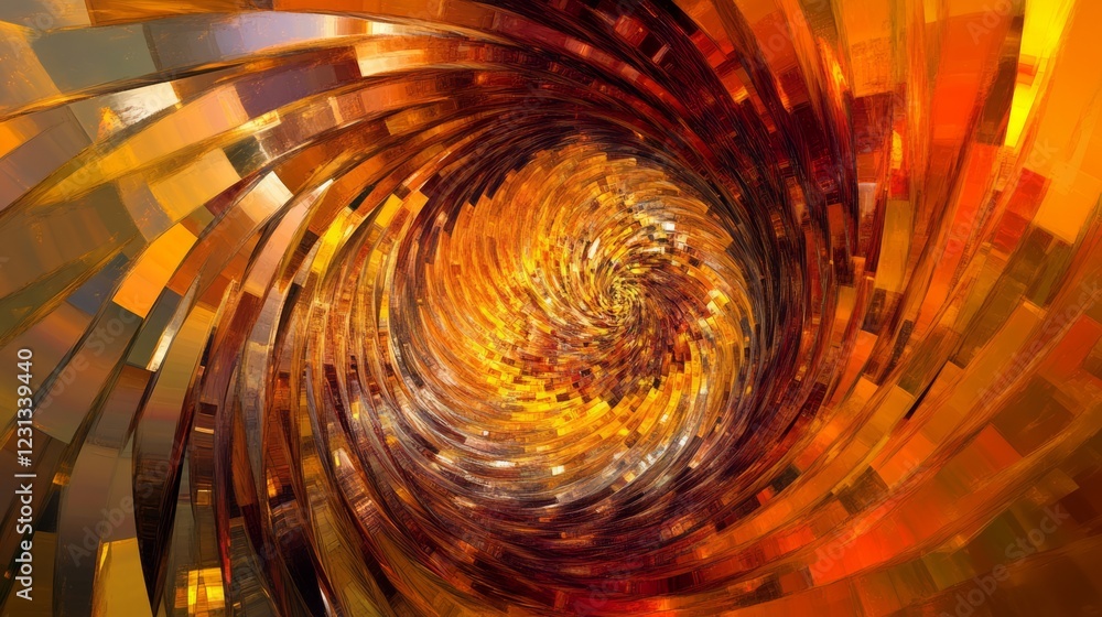 Poster dynamic abstract spiral with vibrant orange and yellow geometric patterns, creating a sense of movem