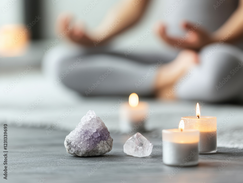 Poster meditation setup with candles and crystals, creating serene atmosphere for relaxation and mindfulnes