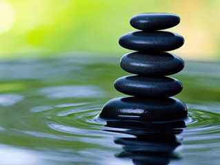 Fototapeta premium Serene stacked stones on calm water create peaceful Zen garden atmosphere, promoting relaxation and mindfulness. gentle ripples enhance tranquil setting