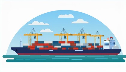Fototapeta premium Cargo ship in port. Metropolis cargo seaport Vector illustration in flat design.