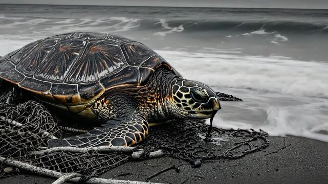 A distressed sea turtle covered in oil, struggling to crawl on a polluted beach, its shell and flippers coated in dark, viscous petroleum