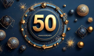 50th anniversary celebration with gold and blue geometric shapes.