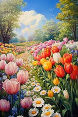 Obraz premium A Colorful Spring Garden Path Painting