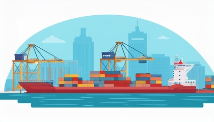 Naklejka premium Cargo ship in port. Metropolis cargo seaport Vector illustration in flat design.