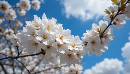 Obraz premium Stunning Close-up of Delicate White Cherry Blossoms Blooming Against a Vivid Blue Sky with Fluffy White Clouds