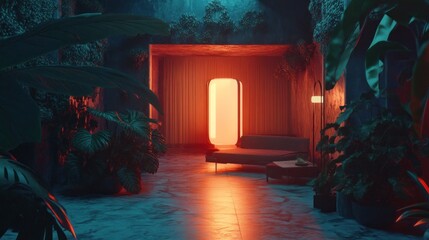 Neon Tropical Interior Design with Glowing Doorway