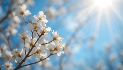 Fototapeta premium Close-up of Delicate White Almond Blossoms in Full Bloom Under Bright Sunlight, Springtime Nature Scene