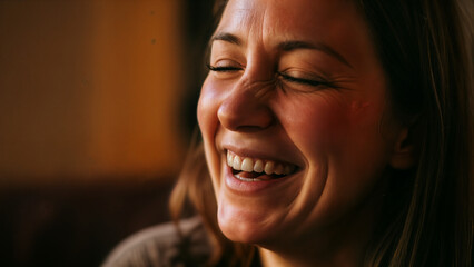 Close-Up of a Joyful Woman Laughing with Warm Expression.
