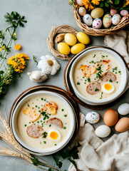 Obraz premium A beautifully decorated Easter table set for a zurek traditional Polish Easter meal. AI generative.