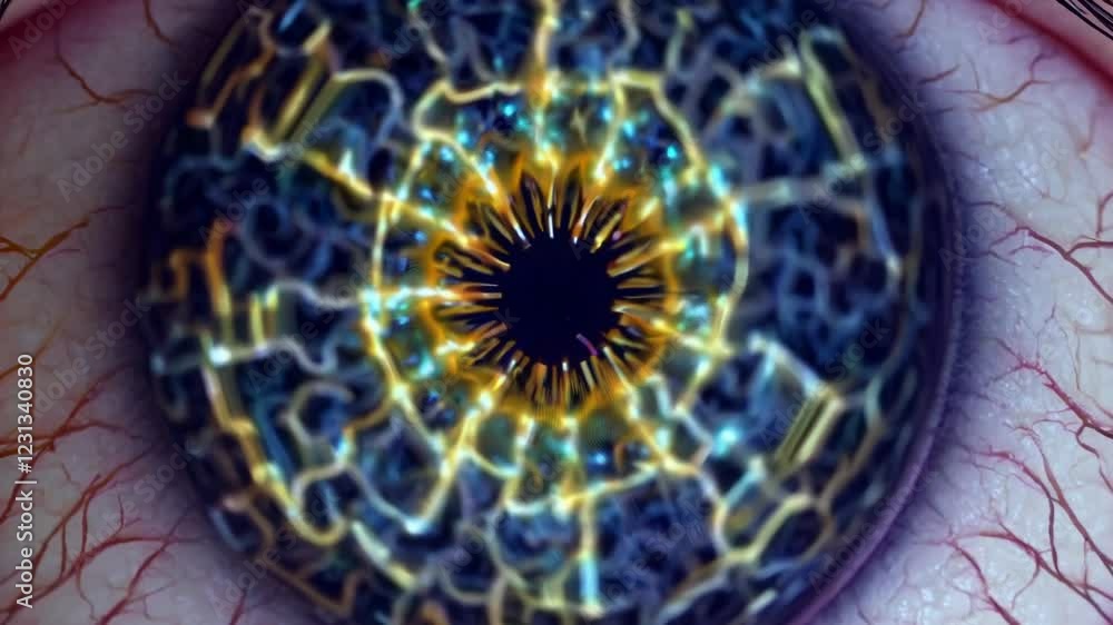 Poster High-detail view of a human iris with abstract strips of blue and yellow code visible through its texture.
