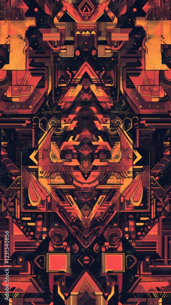 Poster a visually striking abstract geometric pattern featuring vibrant colors and intricate symmetrical de