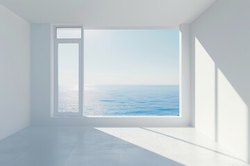 Obraz premium Minimalist ocean view: sunlit room with large window overlooking tranquil sea horizon.