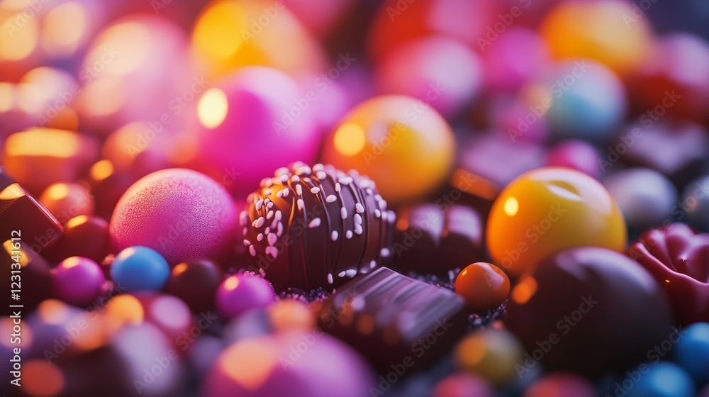 Poster a vibrant array of assorted sweets and chocolates with colorful lighting, creating a tempting and de