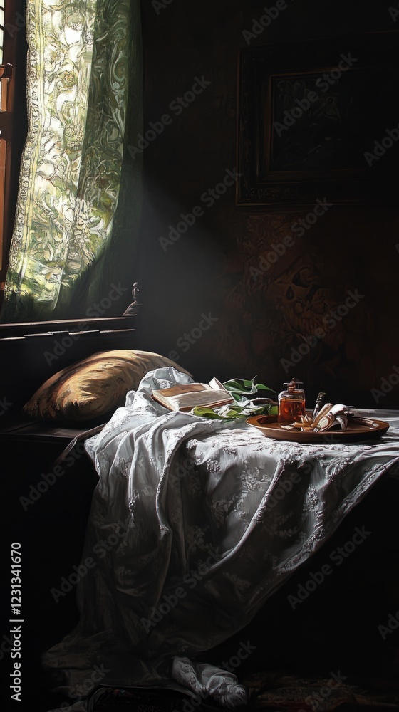 Poster a table with a white cloth and a vase with a flower on it. there is also a bottle and a cup on the t