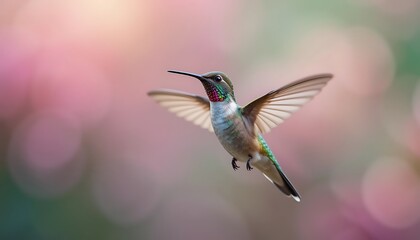 Stunning Close-Up of a Vibrant Hummingbird in Flight, Detailed Feathers and Iridescent Colors Against a Soft Pink and Green Bokeh Background