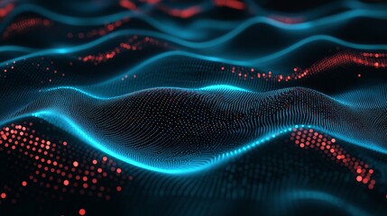 Fototapeta premium Explore an innovative visual of abstract digital waves, illuminated with bright blue and red particles, creating a mesmerizing depth and motion.