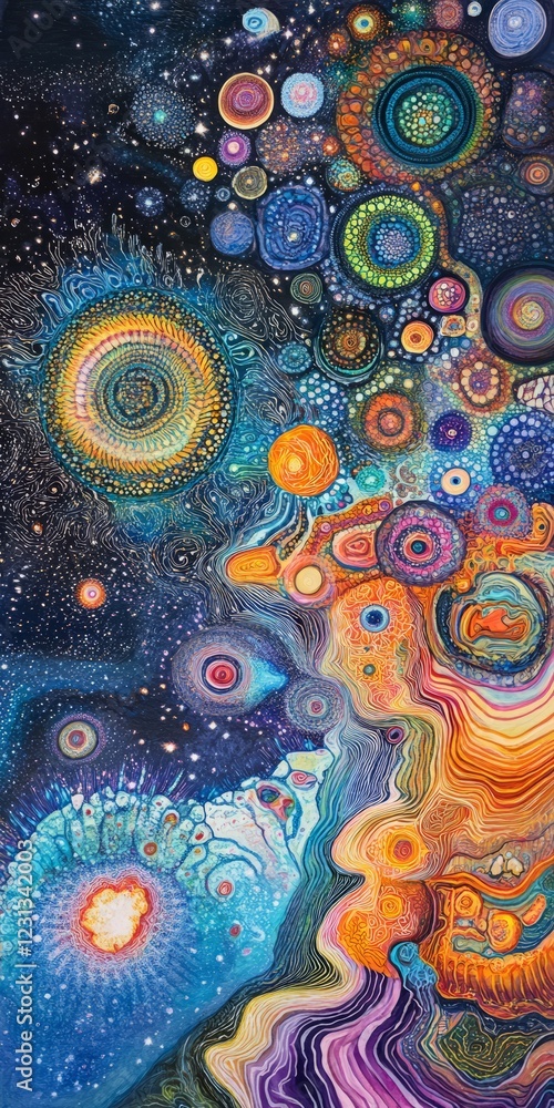Poster a painting of a galaxy with many different colored circles. the circles are of different sizes and c