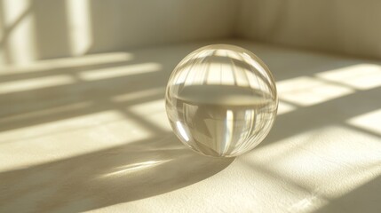 Obraz premium A clear glass ball is sitting on a white surface. The ball is reflecting the light from the window