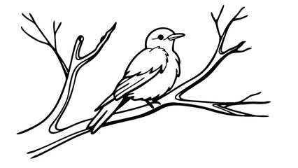 Fototapeta premium Bird on a tree branch, black line art illustration, simple monochrome vector
