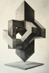 Monochrome abstract sculpture featuring interlocking geometric shapes with textured surfaces, creating a striking visual effect.