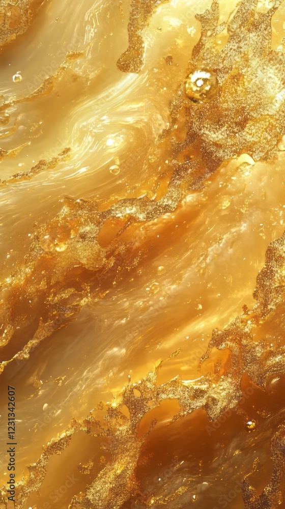 Poster vibrant abstract image featuring golden liquid textures with swirling patterns and shimmering highli