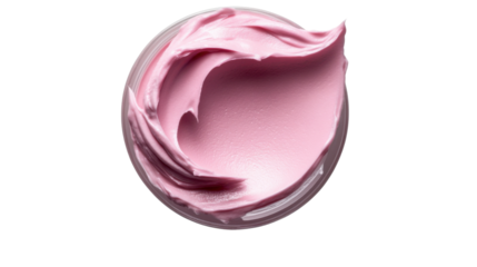 Pink cosmetic cream swirling in a jar on transparent background