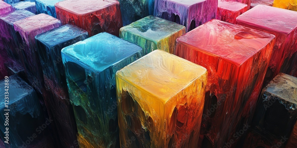 Poster this vibrant abstract image showcases colorful blocks with a melting paint effect, blending hues of 