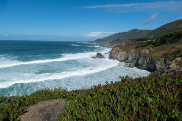 Coastline close to the California Bixby bridge in Big Sur in the Monterey County along side State Route 1 US, the ocean road