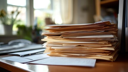 Organized Chaos: A Glimpse into a Busy Work Environment with Piles of Paperwork