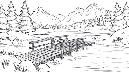 Wooden bridge over lake, mountain backdrop, peaceful scene, nature illustration, coloring book page