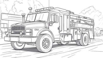 Professional Fire Truck in Outline Drawing for Coloring Activity