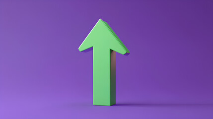 Green arrow growing up. Minimal Cartoon Success Green arrow up soaring finances icon isolated on purple background. Finance business economics progress concept