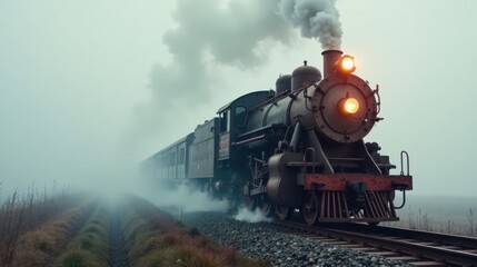 Fototapeta premium A Majestic Steam Locomotive Chugging Through a Misty Landscape on a Remote Railroad Track
