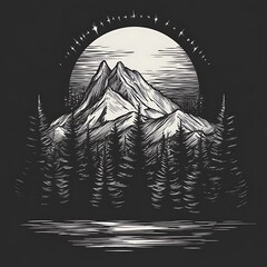 Silhouetted mountain range in forest at night. Graphic design. Possible use for print or social media