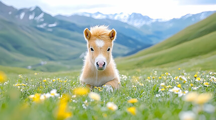 Cute foal resting in mountain meadow