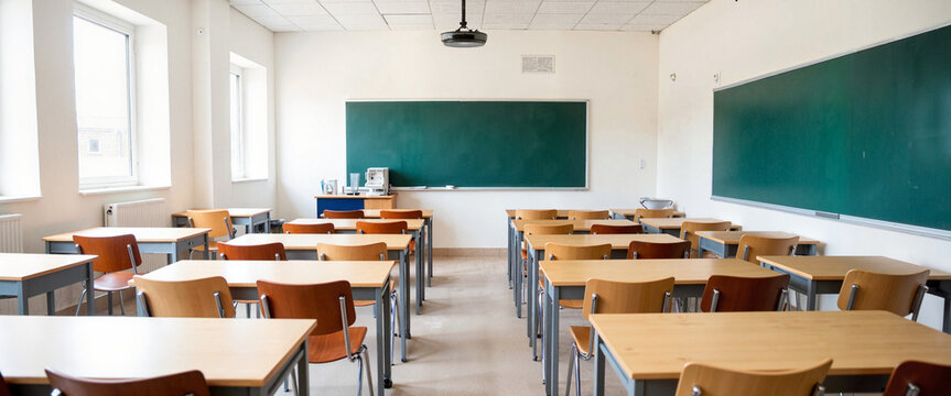 Empty classroom setup for learning with natural light, education concept