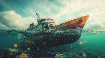 This striking image depicts an abandoned shipwreck submerged in polluted waters, highlighting the impacts of marine debris and environmental degradation.